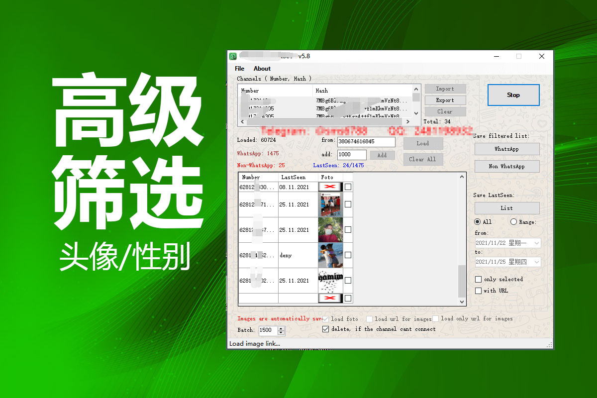 WhatsApp高级筛选软件功能界面