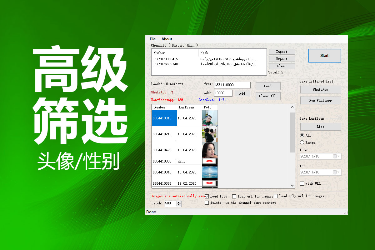 WhatsApp高级筛选软件性别识别界面