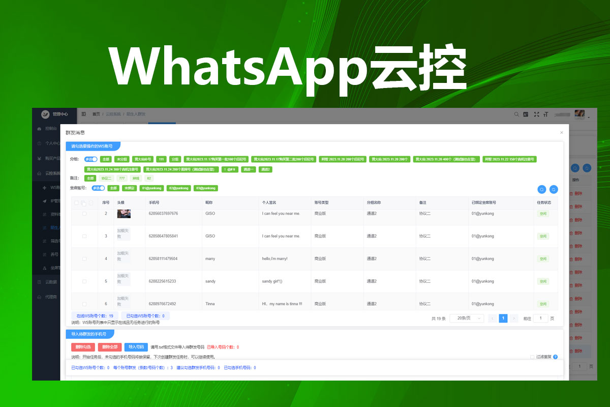 WhatsApp云控群控功能,多群组管理界面