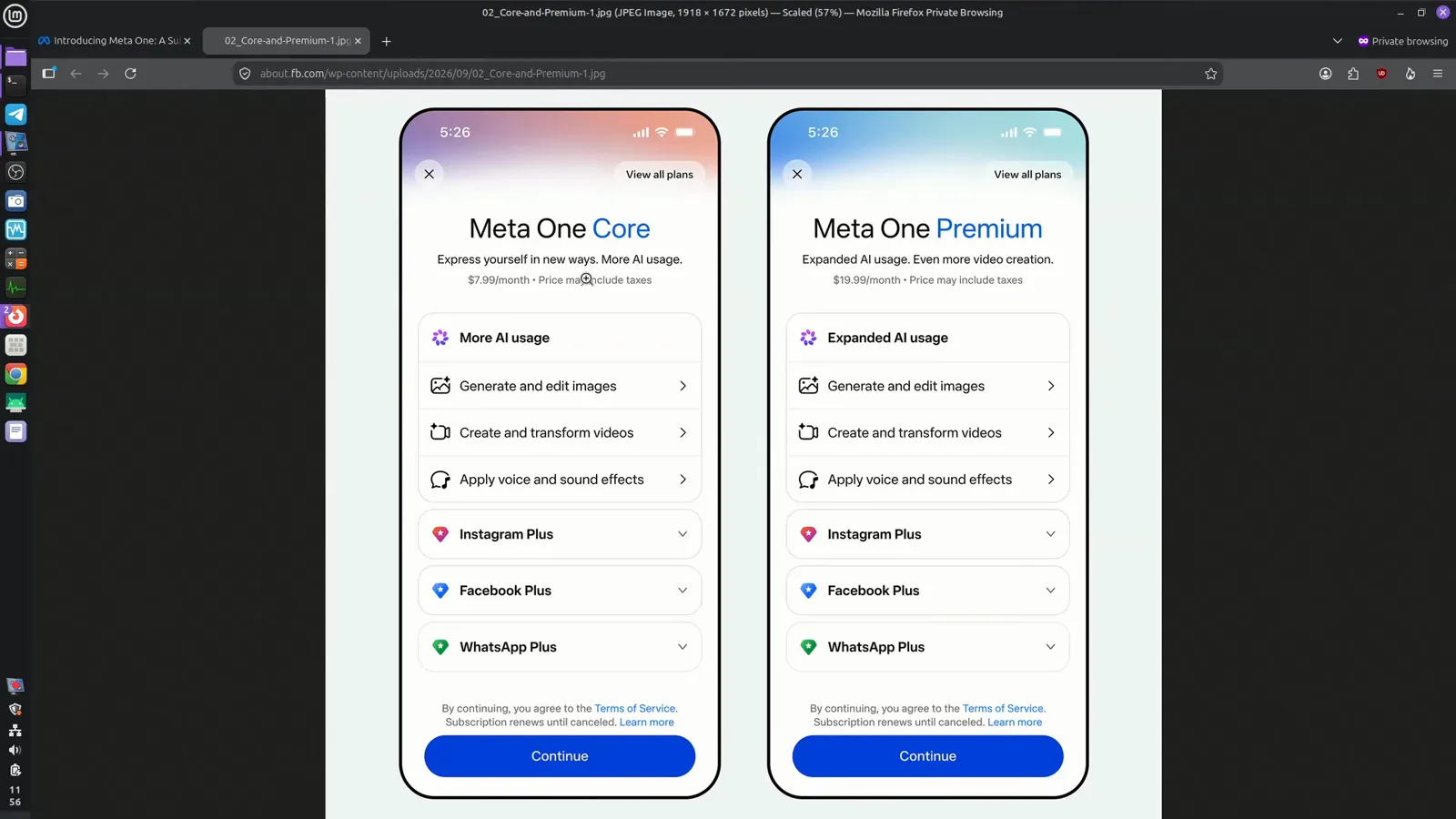 Core 与 Premium 两张方案卡片，展示更高的 Meta AI 用量与图片视频生成工具