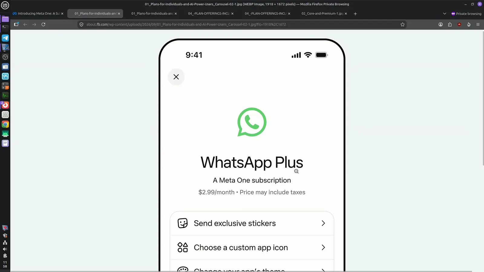 WhatsApp Plus 方案卡片，展示每月 2.99 美元可获得的专属贴纸与自定义图标等权益